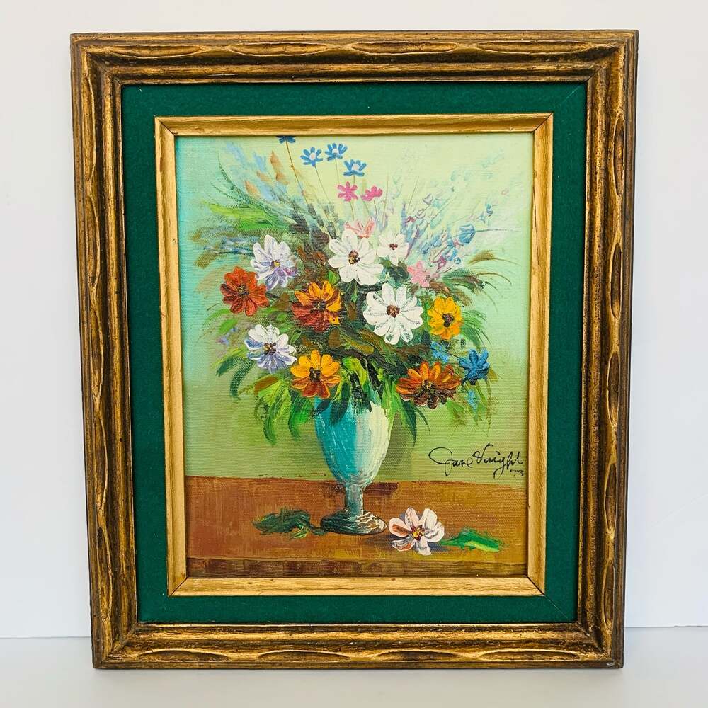 1973 Jane Voight Oil On Canvas Painting Daisy Flowers In Vase Still Life Signed